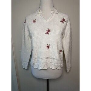 Springfield R[ECO]NSIDER Floral Embroidered Sweater M Cream Scallop Hem Cottage